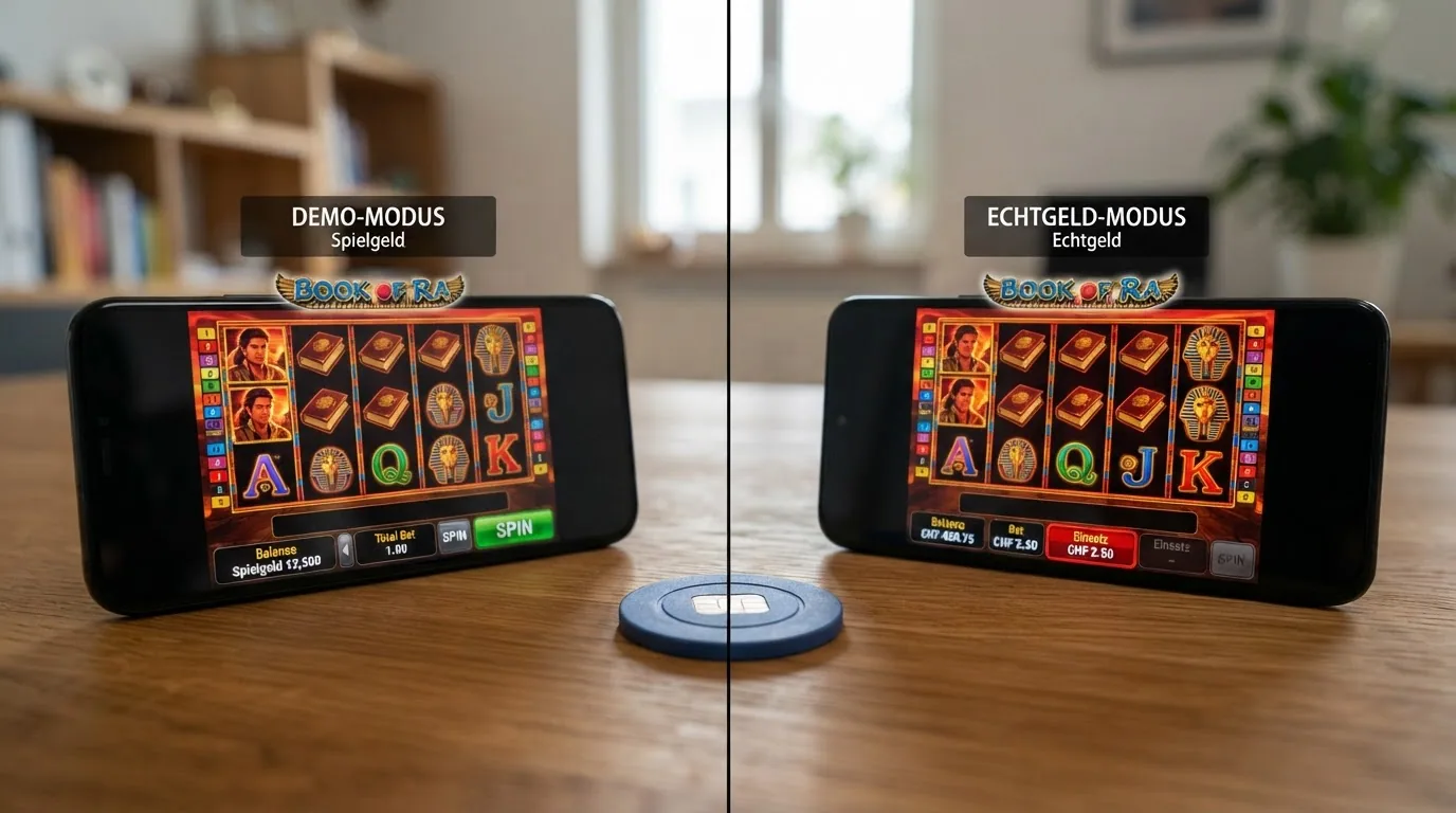 Ein geteilter Bildschirm: links der Demo-Modus eines Slots mit Spielgeld-Anzeige, rechts der Echtgeld-Modus mit CHF-Guthaben und rot hinterlegtem Einsatzfeld