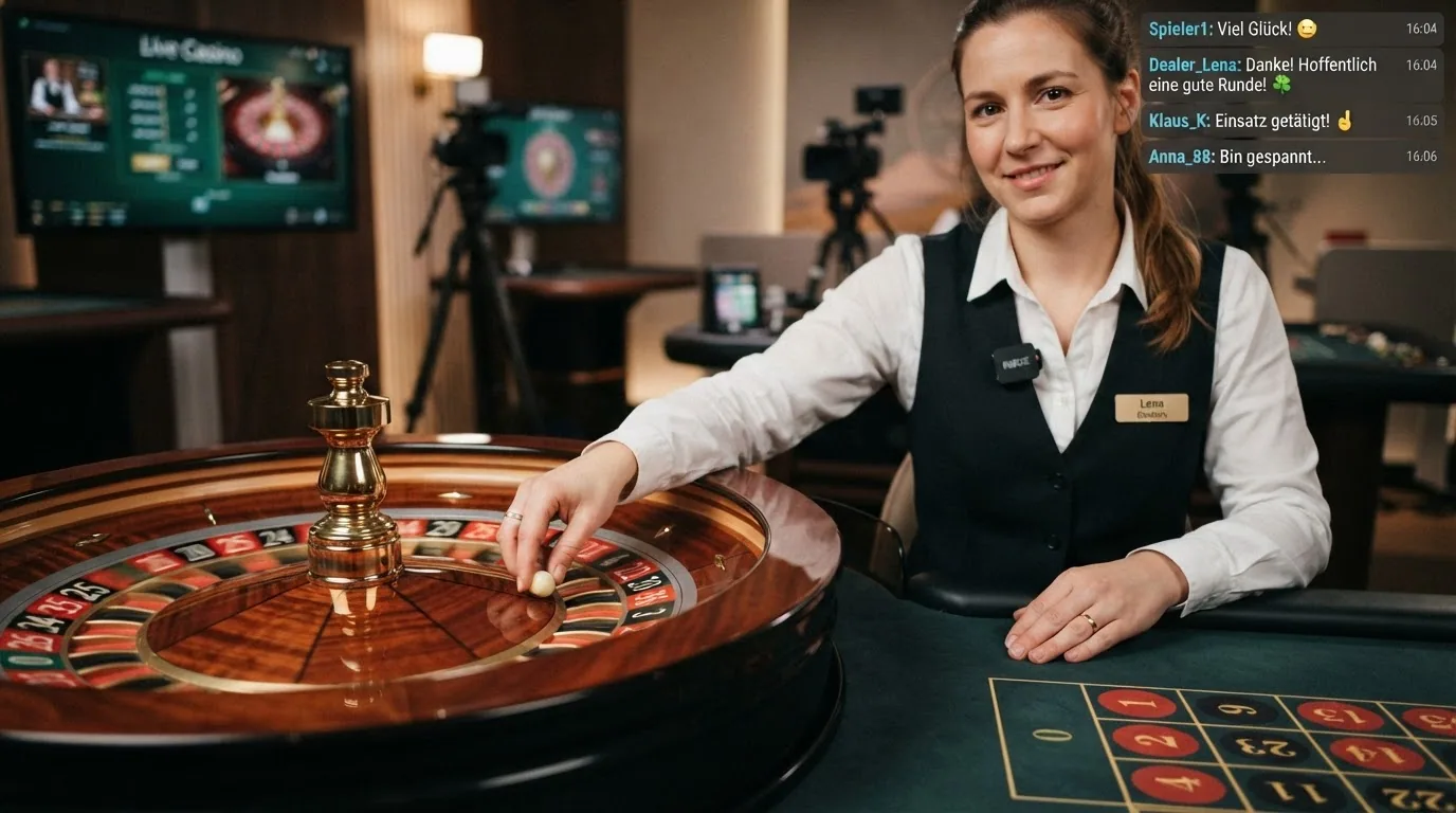 Nahaufnahme eines deutschsprachigen Live-Dealers am Roulette-Tisch mit Chat-Fenster und Wett-Interface