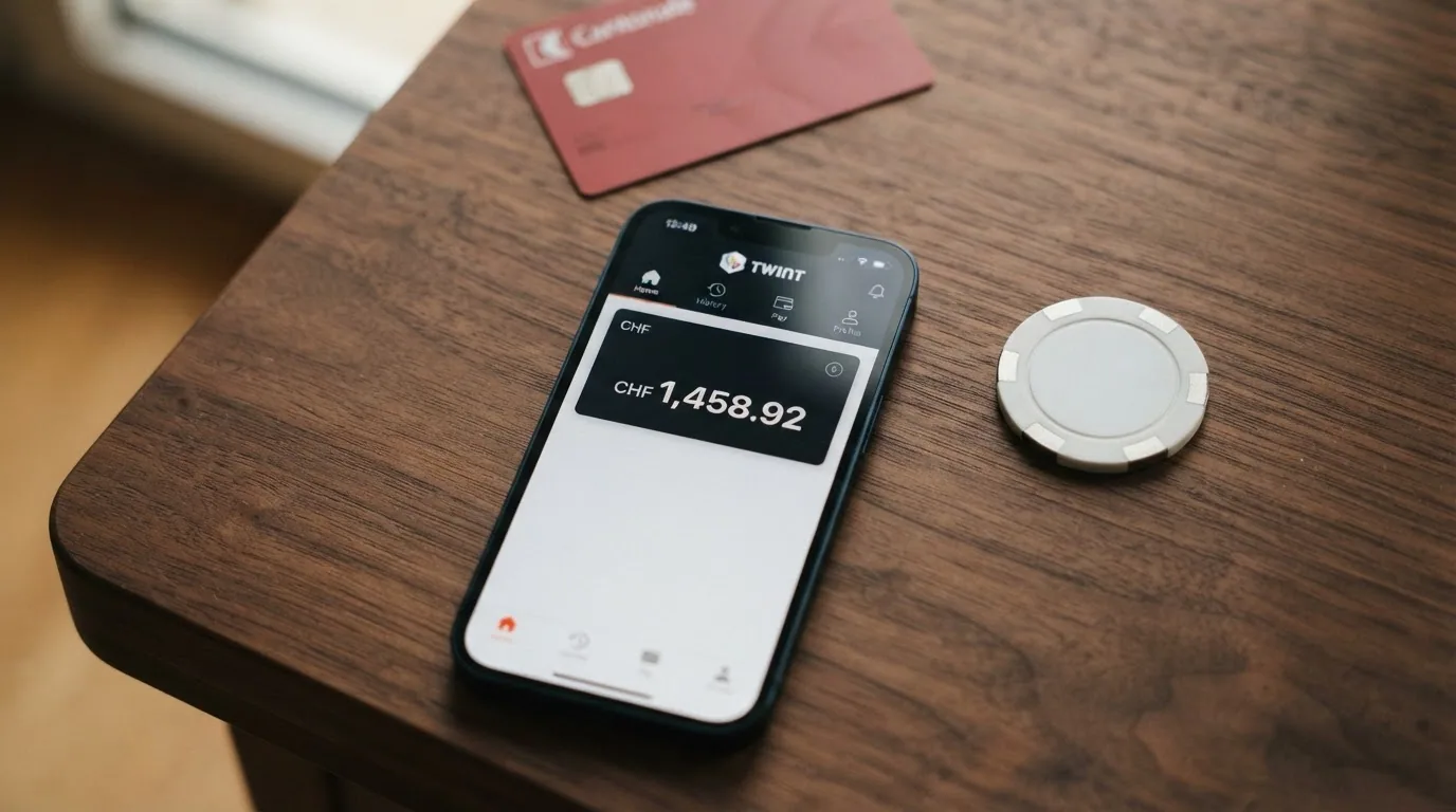 Smartphone mit TWINT-App neben einer Schweizer Bankkarte und Casino-Chips, Display zeigt CHF-Guthaben