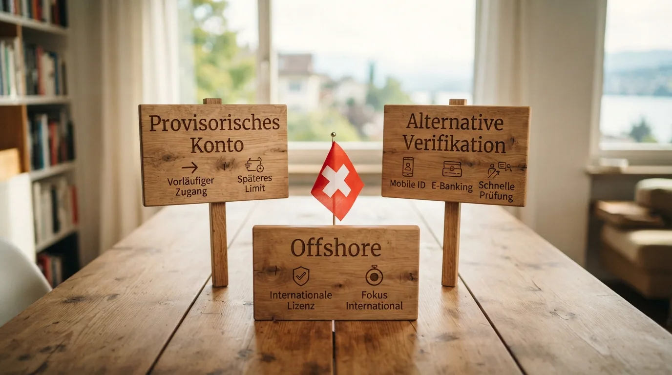 Drei Wegweiser mit den Beschriftungen «Provisorisches Konto», «Alternative Verifikation» und «Offshore», dahinter eine Schweizer Landkarte
