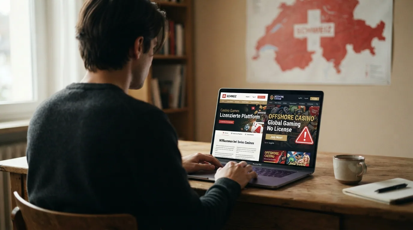 Eine Person sitzt nachdenklich vor dem Bildschirm, die Hände über der Tastatur, im Hintergrund die Umrisse der Schweiz