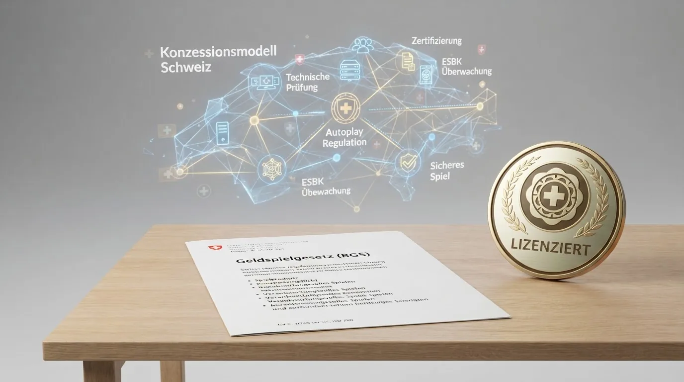 Offizielles Schweizer Geldspielgesetz-Dokument neben dem ESBK-Logo und einer Visualisierung des Konzessionsmodells