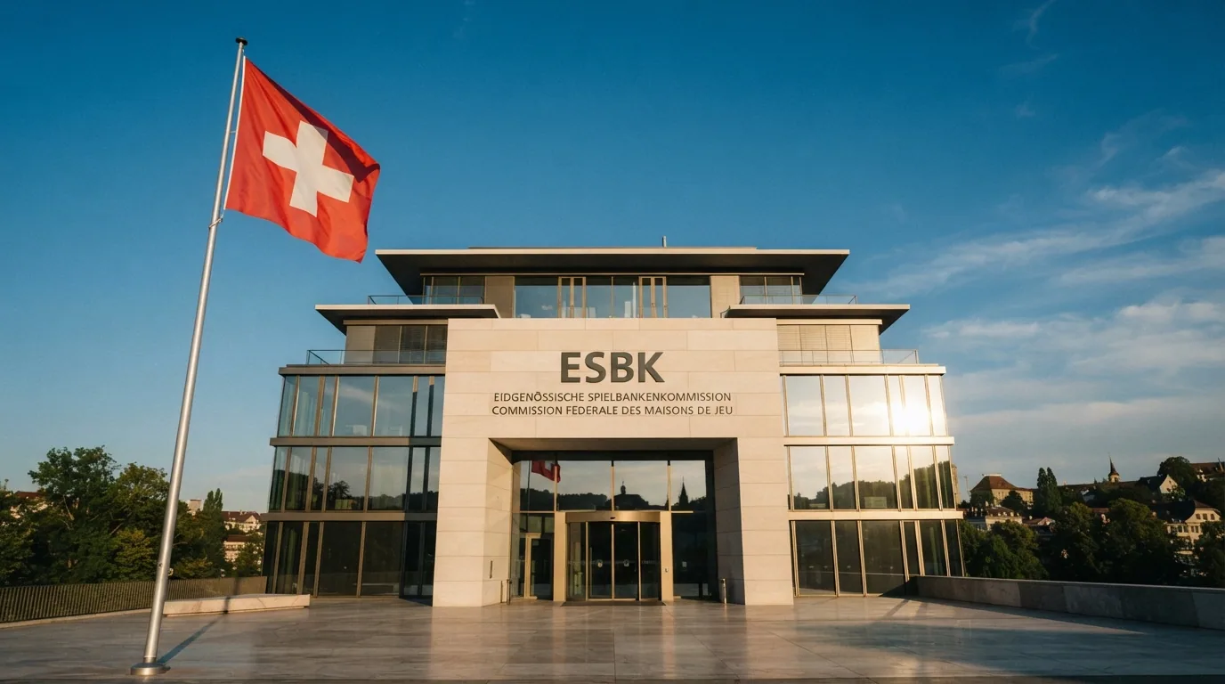 Das ESBK-Gebäude in Bern mit Schweizer Flagge — Sitz der Aufsichtsbehörde
