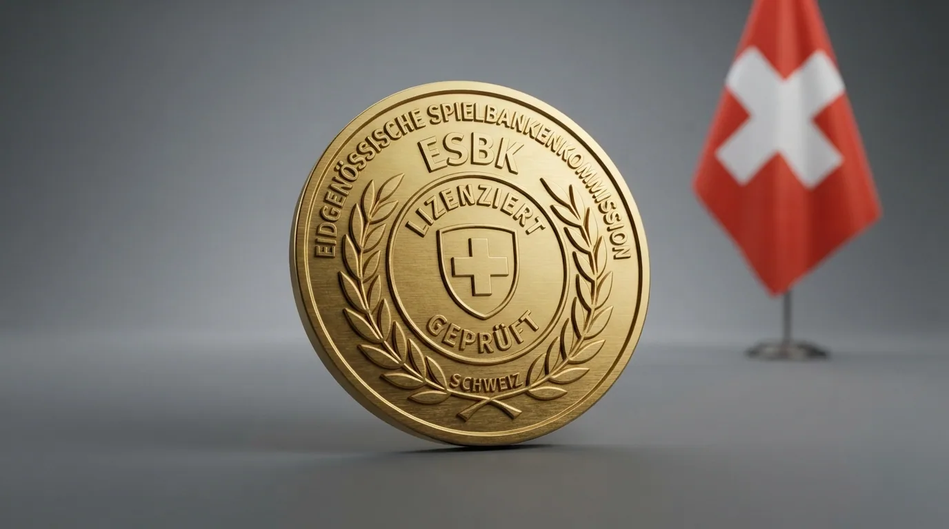 Das offizielle ESBK-Konzessionssiegel in Grossaufnahme, darunter die Schweizer Flagge und ein Bundesrats-Dokument