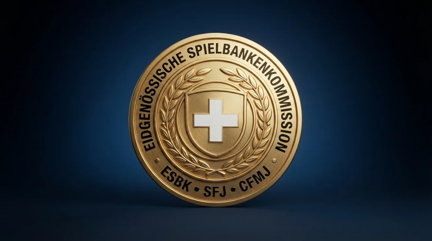 Das offizielle Siegel der Eidgenössischen Spielbankenkommission ESBK auf weissem Grund