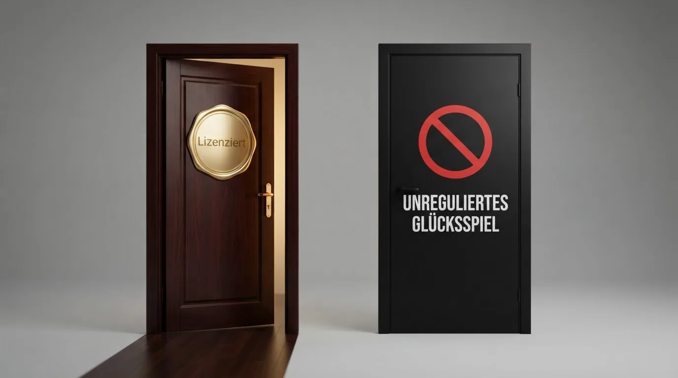 Zwei nebeneinander stehende Türen: Die linke trägt ein offizielles ESBK-Siegel und steht offen, die rechte ist mit einem Warnsymbol versehen und verschlossen