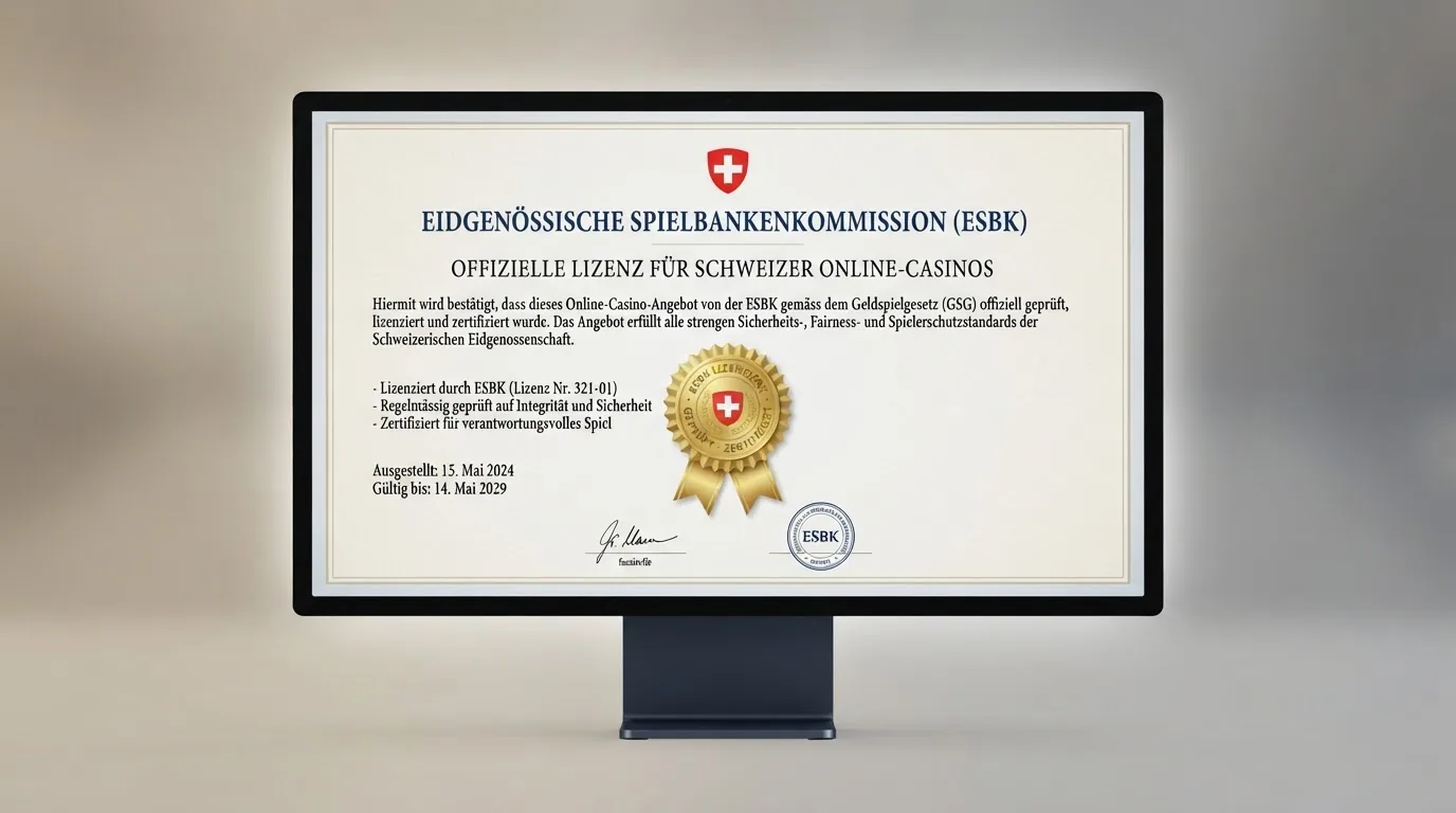Das offizielle Logo der Eidgenössischen Spielbankenkommission auf einem Bildschirm mit einer geöffneten Konzessionsliste