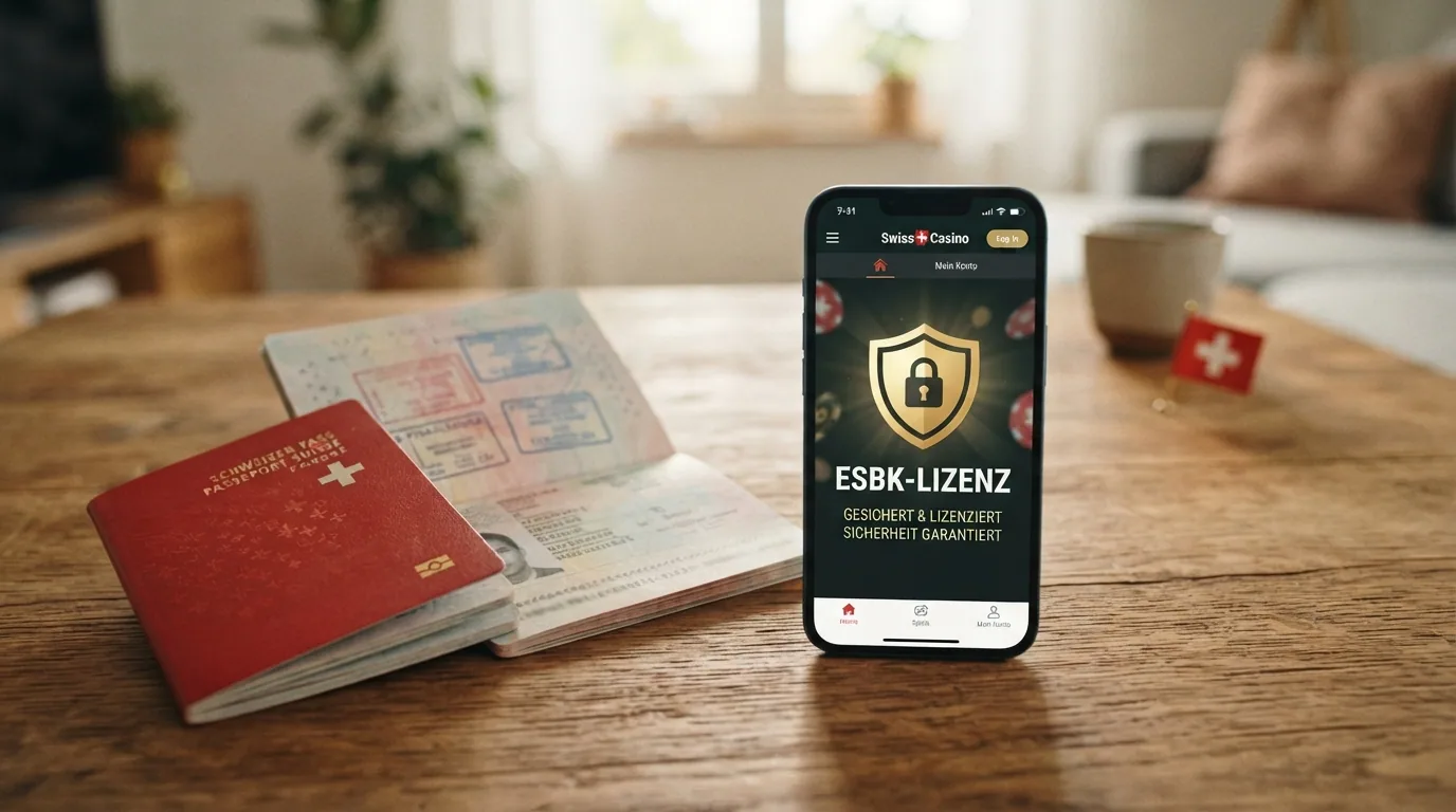 Nahaufnahme eines Schweizer Passes neben einem Smartphone mit Schloss-Symbol und ESBK-Schriftzug