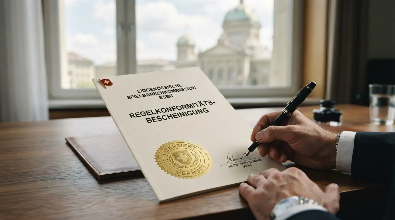 Das offizielle Logo der Eidgenössischen Spielbankenkommission ESBK neben dem Schweizer Kreuz auf einem Dokument zur Geldspielkonzession