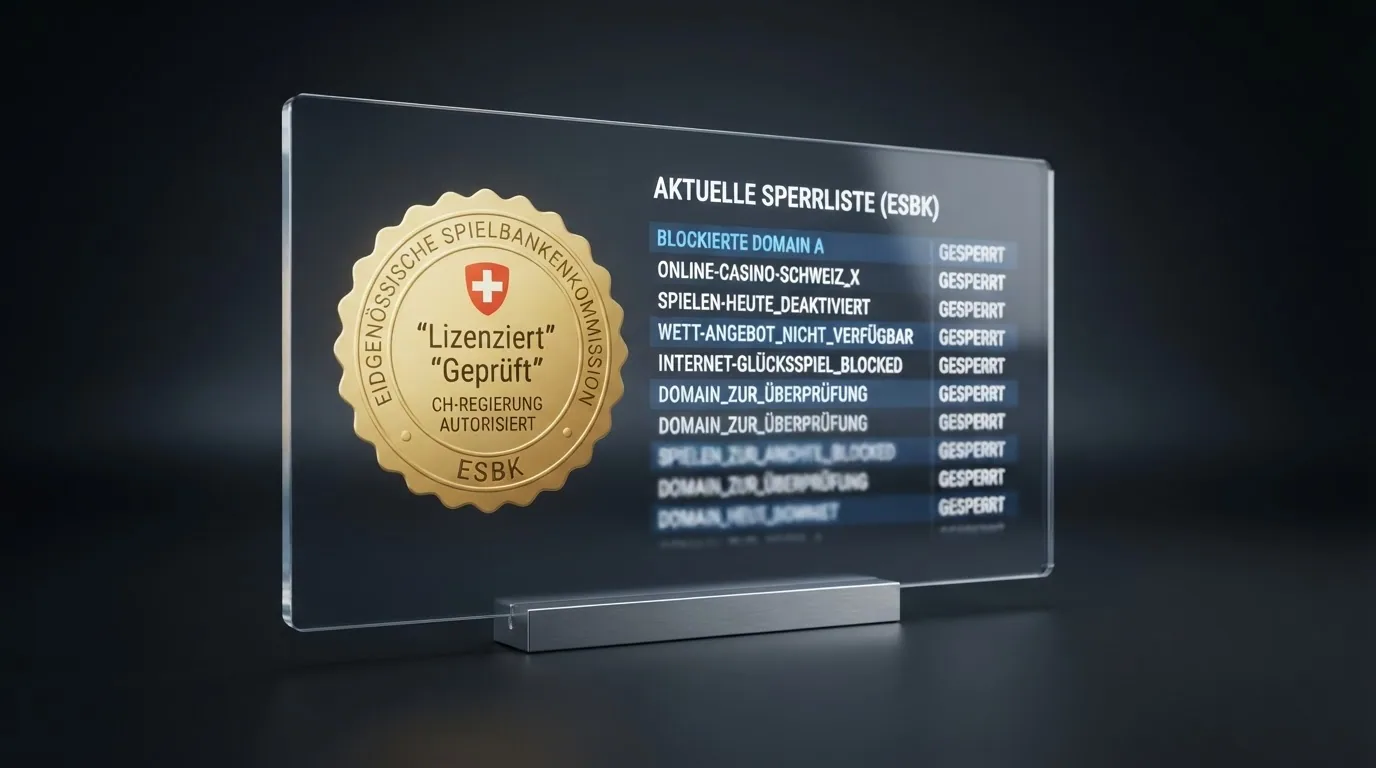 Das Logo der Eidgenössischen Spielbankenkommission ESBK neben einer Liste gesperrter Glücksspiel-Domains
