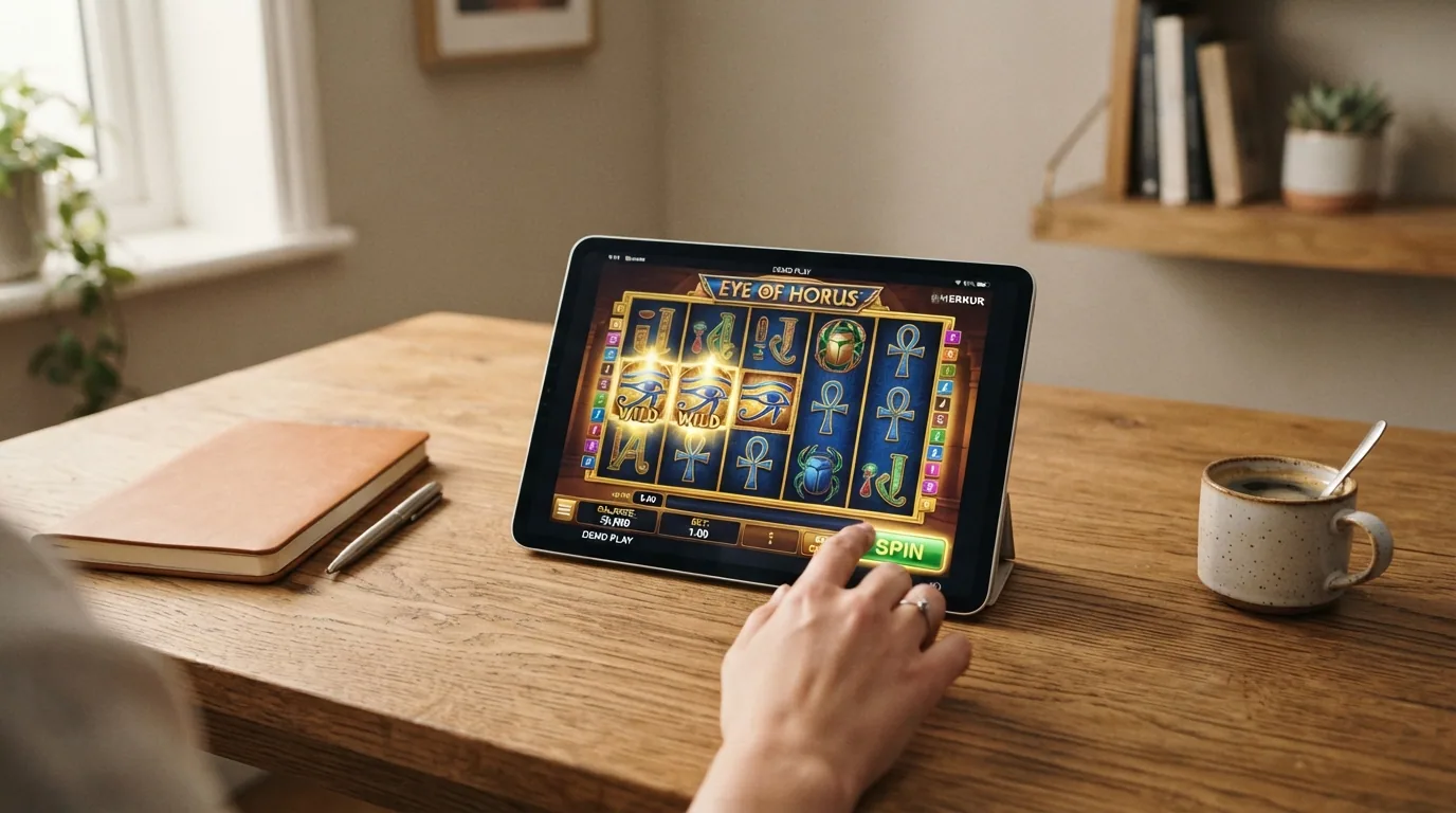 Browser-Fenster mit Eye-of-Horus-Demospiel, Spielgeld-Anzeige und Wett-Buttons