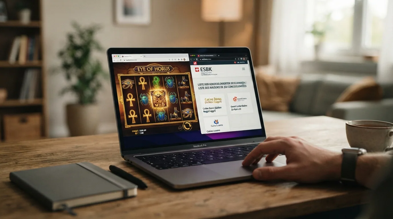 Spieler vor Laptop mit geöffnetem Eye-of-Horus-Slot und sichtbarem ESBK-Register im zweiten Tab
