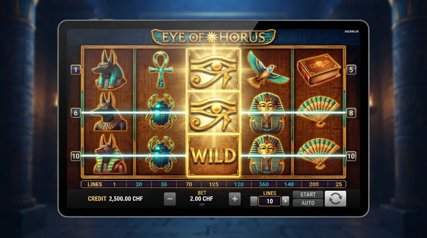 Spielbildschirm des Merkur-Slots Eye of Horus mit fünf Walzen, ägyptischen Symbolen und dem Horus-Wild-Symbol