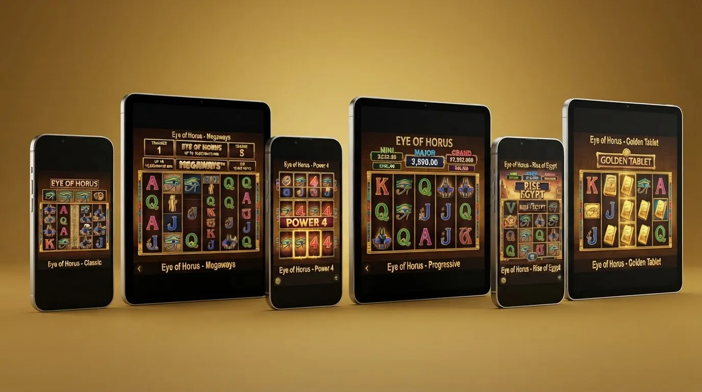 Sechs Spielautomaten-Bildschirme nebeneinander: Original, Megaways, Power 4, Jackpot King, Rise of Egypt, Golden Tablet