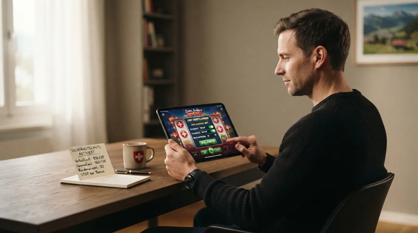 Seitliche Ansicht eines Spielers an einem Laptop mit geöffnetem Casino-Slot und daneben eingeblendeten Limit-Einstellungen