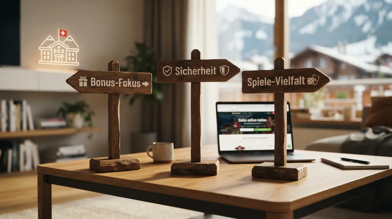 Drei Weggabelungen mit Wegweisern: «Bonus-Fokus», «Spiele-Vielfalt» und «Sicherheit» – alle führen zu einem ikonischen Schweizer Spielbank-Gebäude
