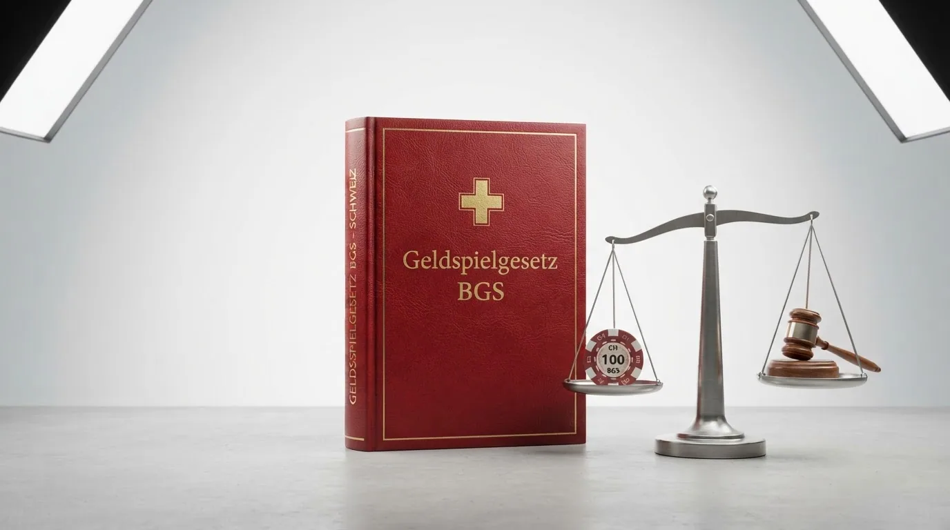 Gesetzbuch mit Schweizer Kreuz auf dem Einband, daneben eine Waage
