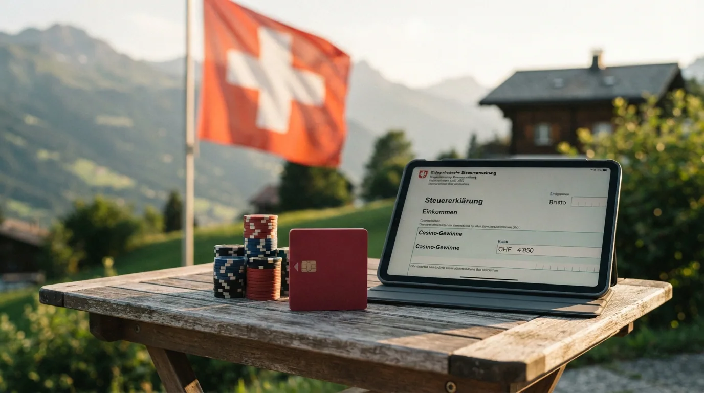 Eine Schweizer Flagge neben einem Stapel Schweizer Franken-Noten und einem ausgefüllten Steuerformular