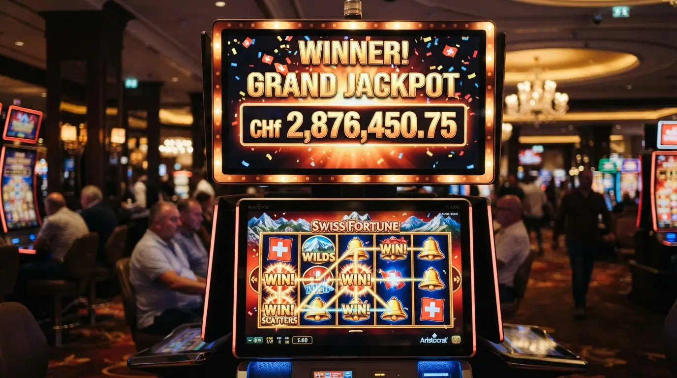 Eine grosse digitale Anzeigetafel mit einer siebenstelligen Jackpot-Summe in CHF, darunter Slot-Walzen mit Megaways-Gewinnwegen