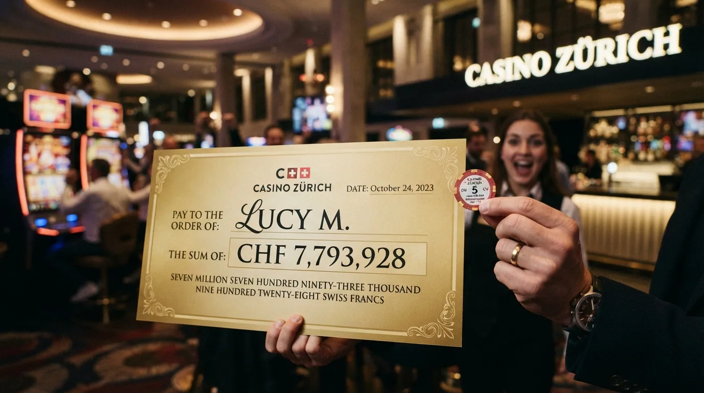 Ein goldener CHF 7,79-Mio.-Scheck vor der Silhouette des Casino Zürich, eine Hand hält einen Spielbon über CHF 5 daneben