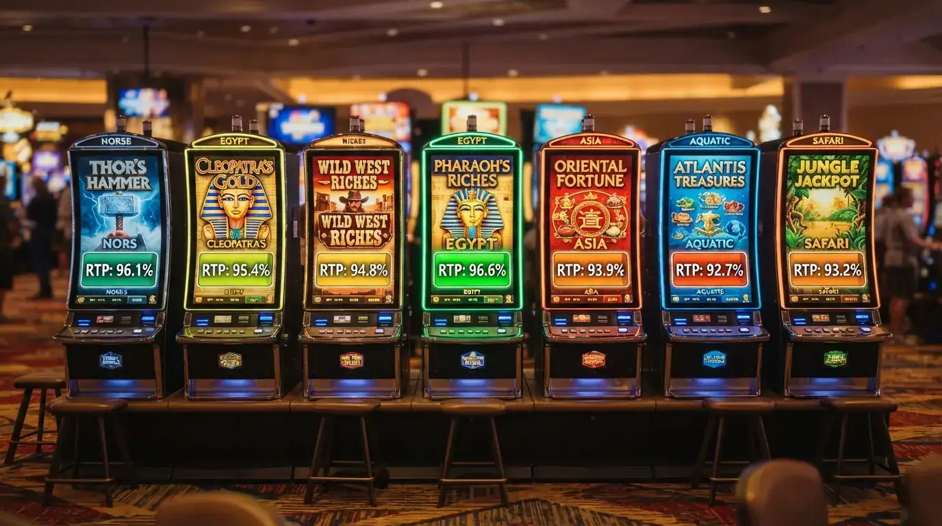 Sieben Jackpot-Slot-Titel nebeneinander mit ihren farblich abgestuften RTP-Balken und Provider-Logos