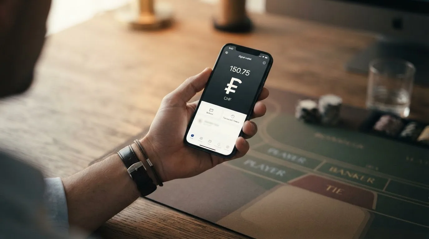 Ein digitales Bitcoin-Symbol vor einem stilisierten Baccarat-Tisch mit der Schweizer Flagge im Hintergrund