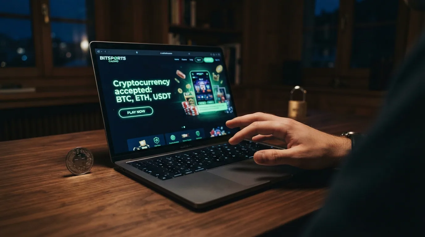 Ein gesperrtes Vorhängeschloss-Symbol vor einem Bitcoin-Logo, dahinter eine durchgestrichene Casino-Tür