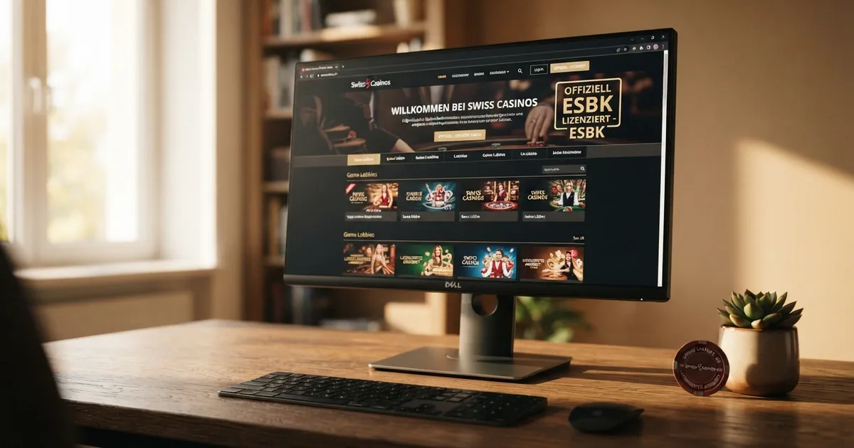 Das Eingangsportal eines Schweizer Online-Casinos mit sichtbarem ESBK-Konzessionshinweis auf der Startseite