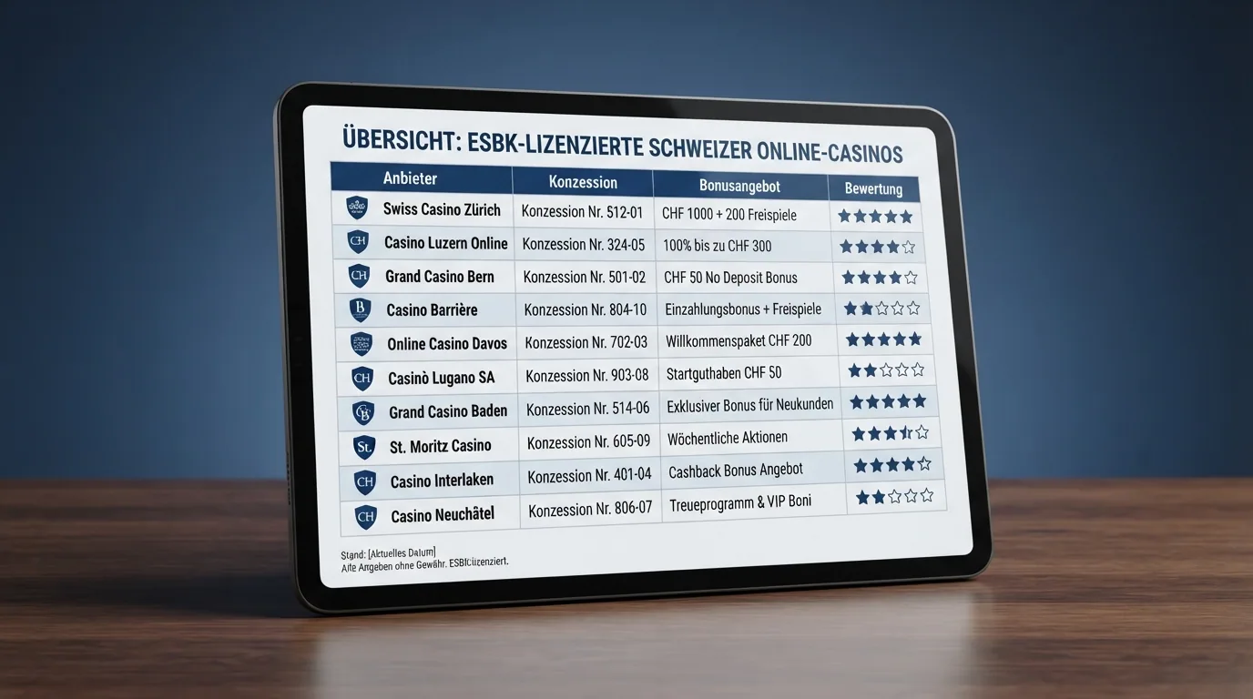 Eine Übersichtstabelle mit den zehn ESBK-lizenzierten Schweizer Online-Casinos und ihren wichtigsten Merkmalen auf einem Bildschirm