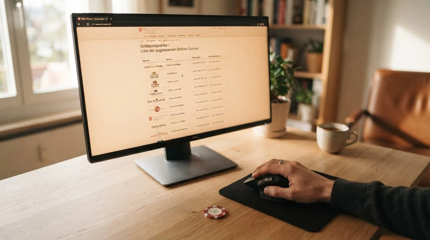Eine Hand auf einer Computermaus vor einem Bildschirm, der die ESBK-Liste der Online-Spielbanken zeigt