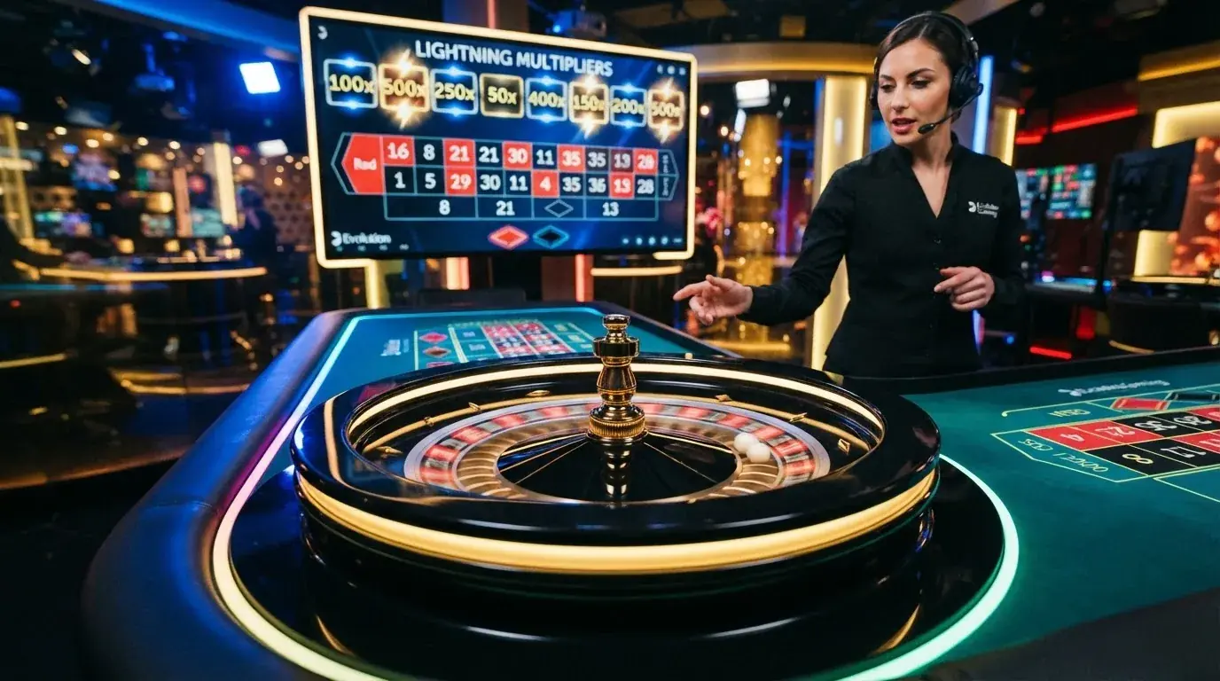 Lightning-Roulette-Tisch mit eingeblendeten Multiplikator-Zahlen und visuellen Effekten vor schwarzem Studio-Hintergrund