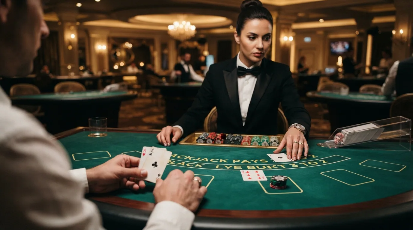 Live-Blackjack-Tisch aus der Spielerperspektive mit ausgeteilten Karten, Wettchips und Dealer-Hand, vor einem stilvollen Casino-Hintergrund