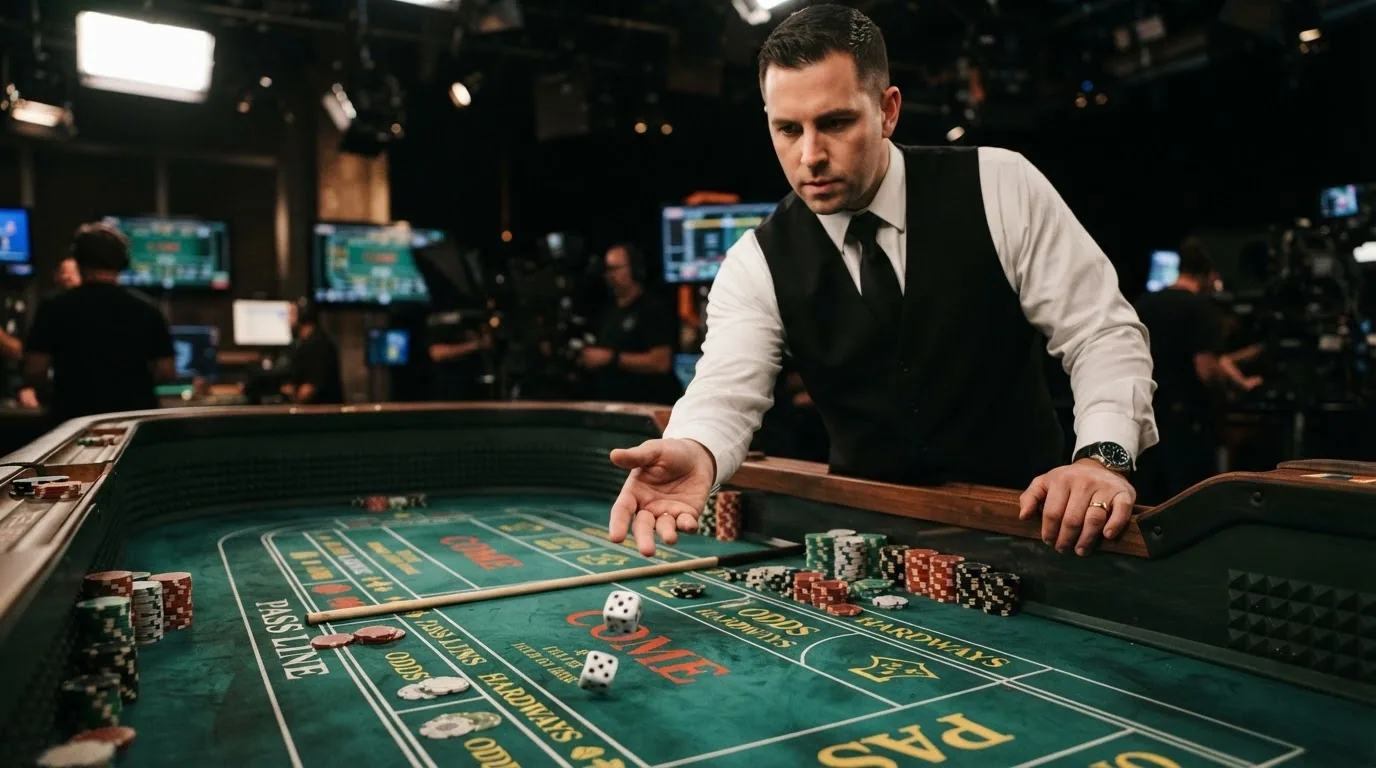 Live-Dealer beim Craps-Wurf im Studio — Kamera zeigt den Tisch und den fallenden Würfel