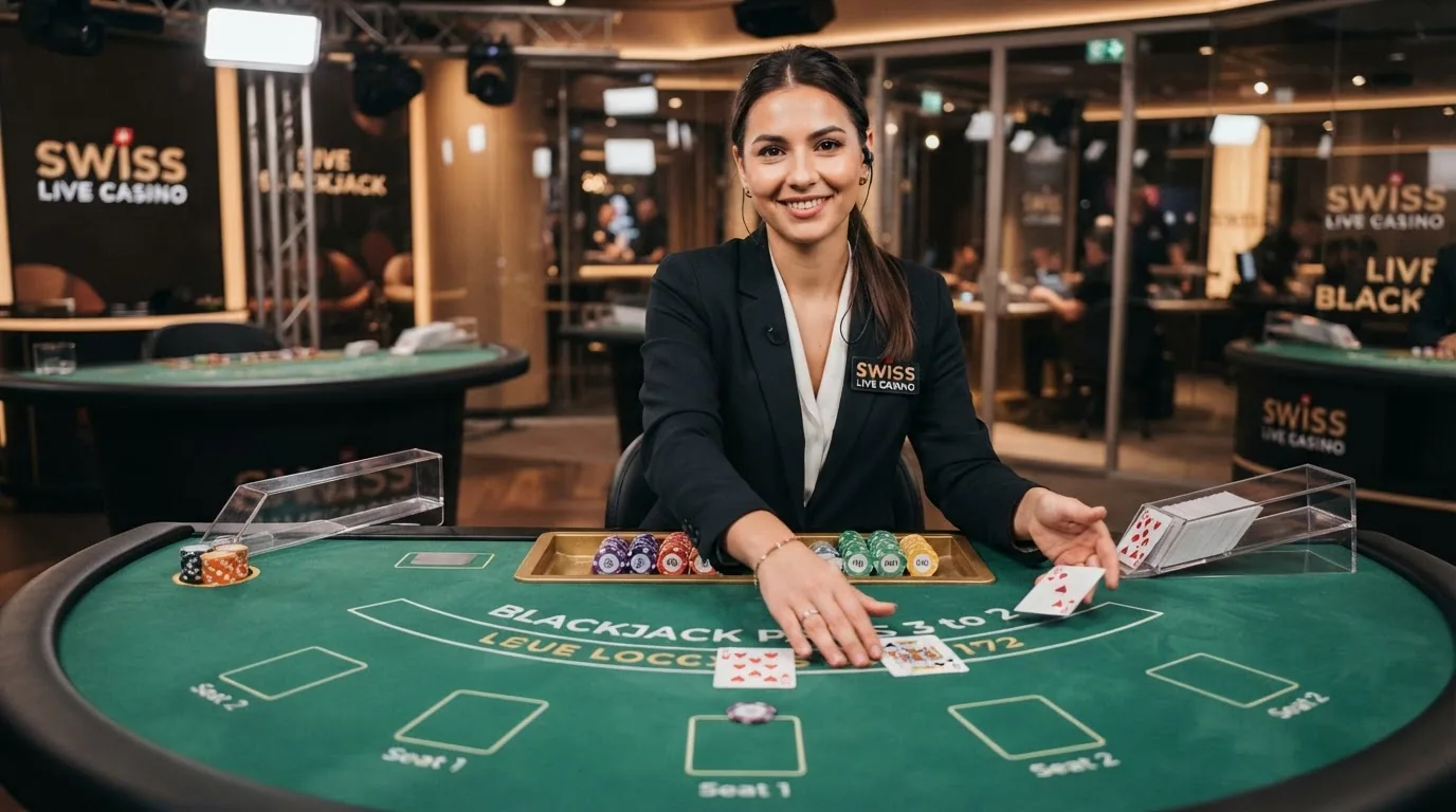 Live-Dealer an einem Blackjack-Tisch, per Video aus einem professionellen Casino-Studio übertragen