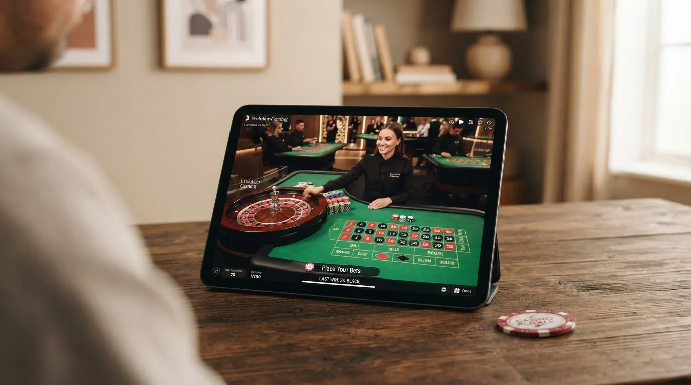 Live-Dealer an einem Roulette-Tisch, übertragen auf einen Tablet-Bildschirm