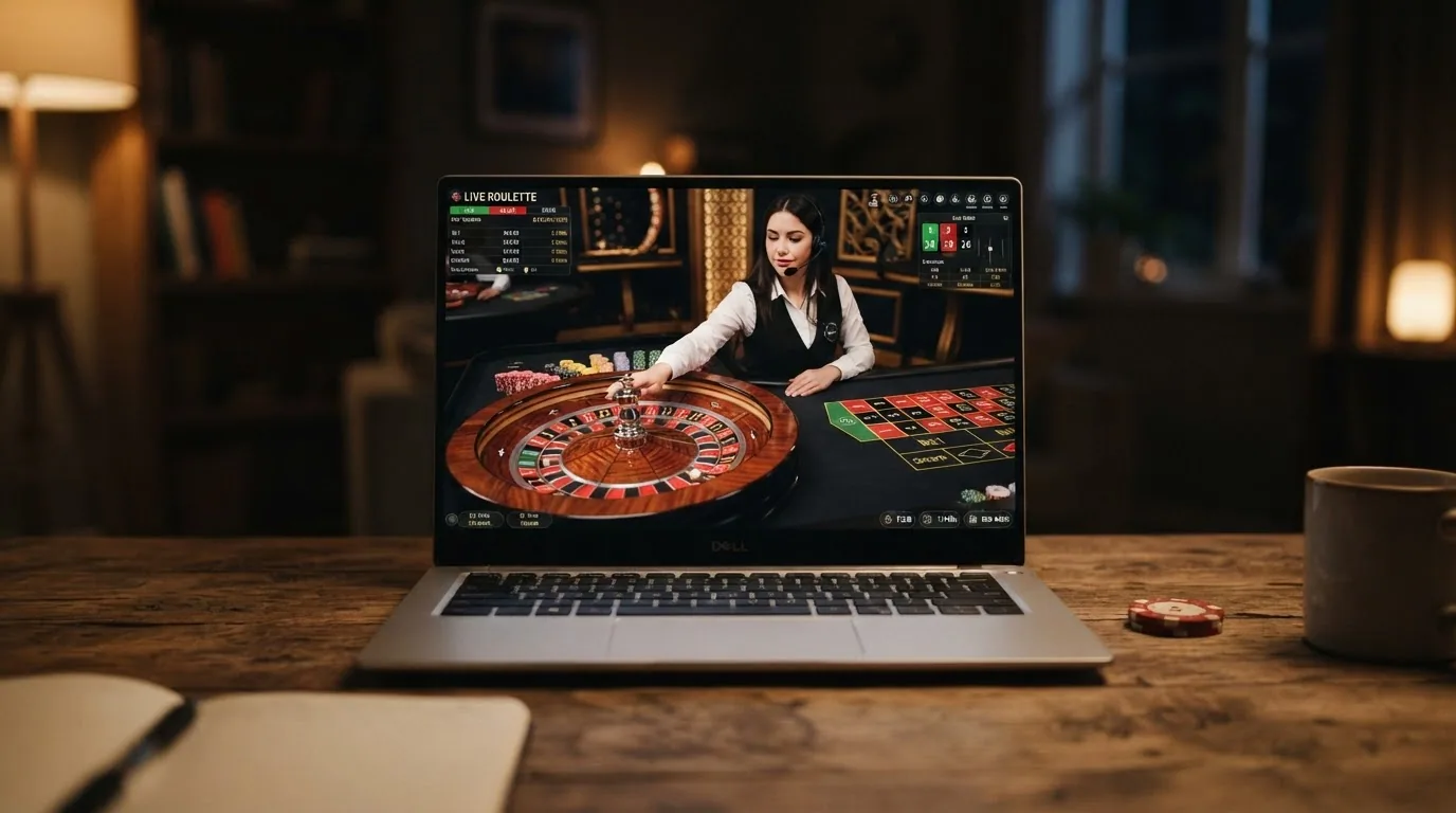 Ein Live-Dealer am Roulette-Tisch, eingebettet in einen Bildschirm mit Wett-Interface — Perspektive des Spielers am Computer