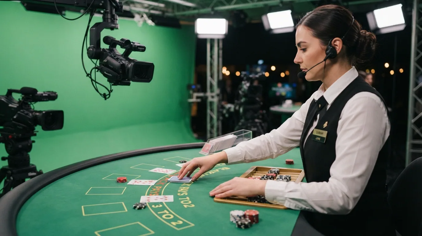 Blick in ein professionelles Live-Casino-Studio mit Blackjack-Tisch, Kameras und einem Croupier vor einem Greenscreen-Hintergrund