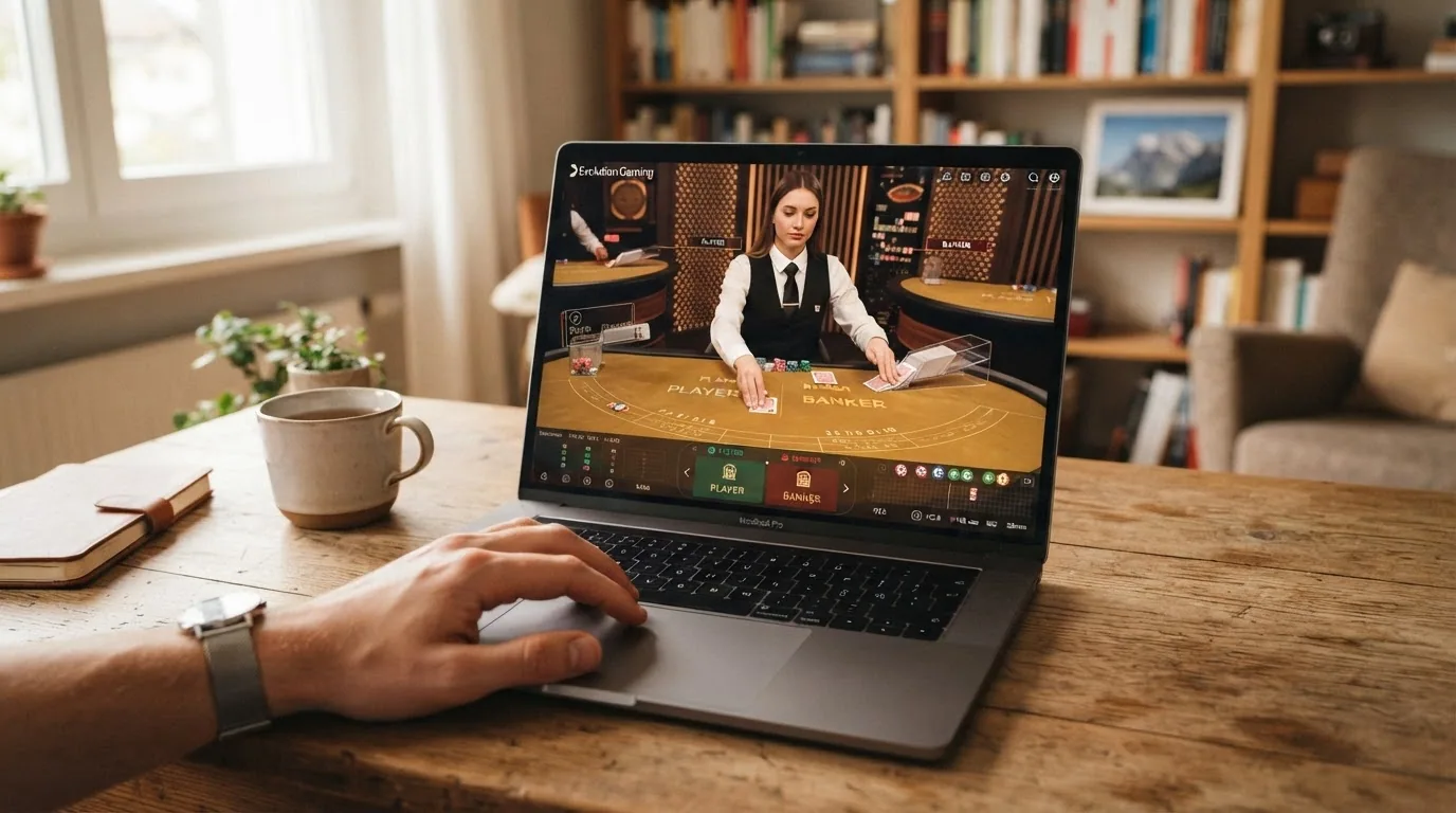 Ein Live-Dealer an einem Punto-Banco-Tisch mit HD-Kamera-Perspektive und Chat-Fenster auf einem Laptop-Bildschirm