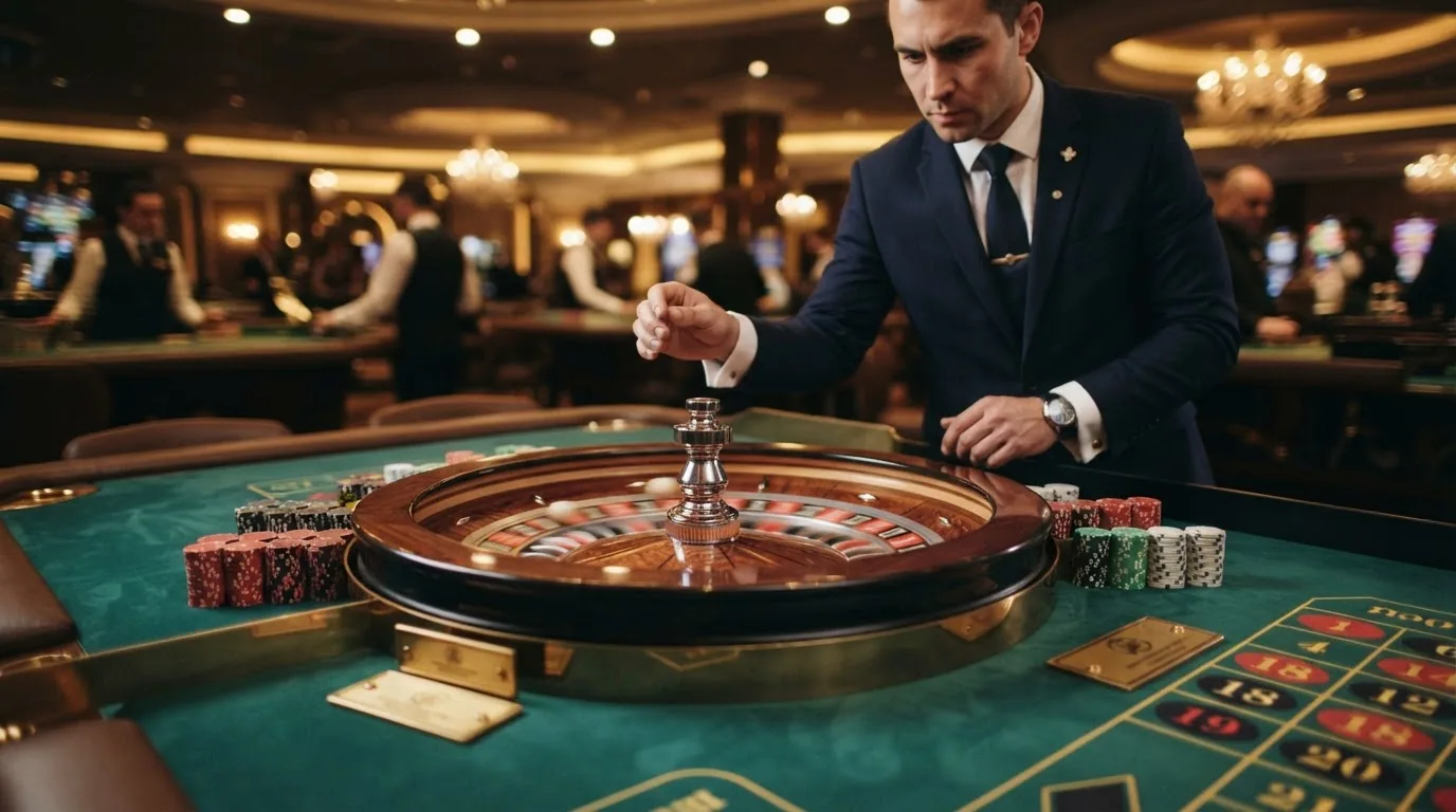 Nahaufnahme eines Live-Roulette-Kessels in Drehung mit Croupier-Hand und sichtbarem Spielfeld, übertragen aus einem professionellen Studio