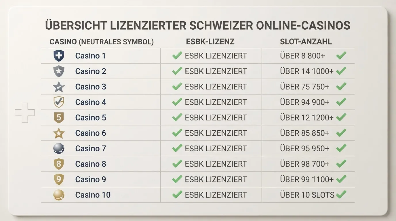 Zehn Casino-Logos in einer tabellarischen Übersichtsgrafik mit Häkchen für ESBK-Lizenz und Slot-Anzahl