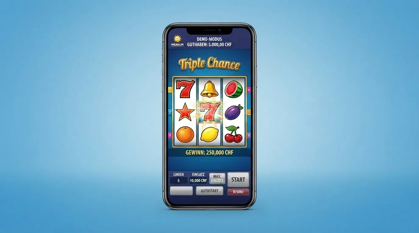 Bildschirm mit einem Merkur-Slot im Demo-Modus, Spielgeld-Guthaben sichtbar, Mauszeiger über dem Spiel