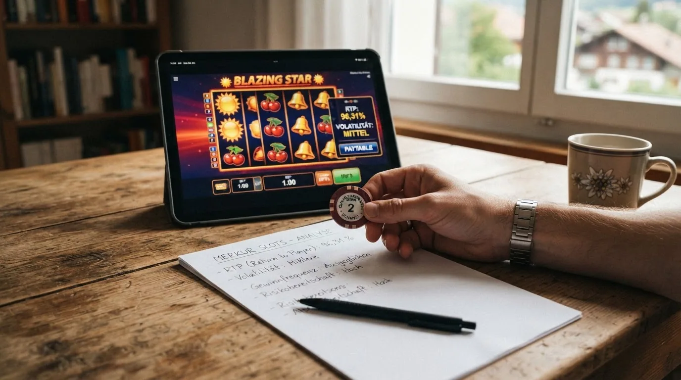 Nahaufnahme eines Merkur Slots mit eingeblendeter RTP-Angabe und Gewinntabelle