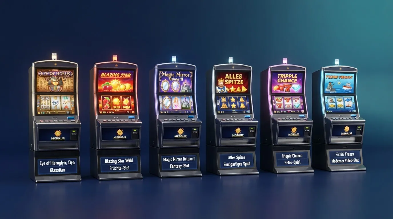 Sechs verschiedene Merkur Slot-Titel mit ihren typischen Symbolen und Walzen nebeneinander