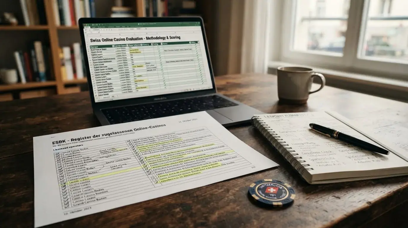 Ein Schreibtisch mit aufgeschlagenem ESBK-Register-Ausdruck, handschriftlichen Notizen und einem Laptop mit geöffneter Casino-Vergleichsseite