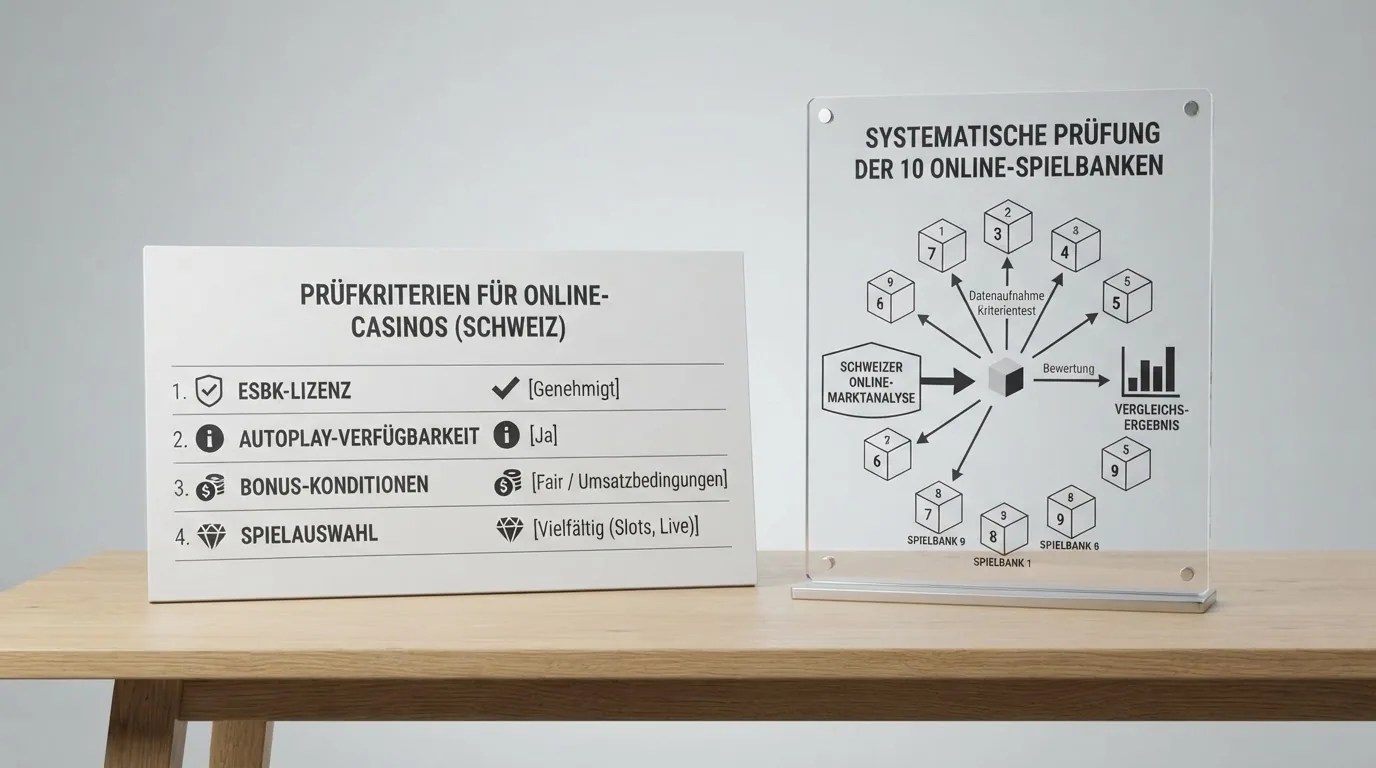 Übersichtliche Darstellung der Prüfkriterien — ESBK-Register, Autoplay-Verfügbarkeit, Bonus-Konditionen und Spielauswahl als strukturierte Tabelle