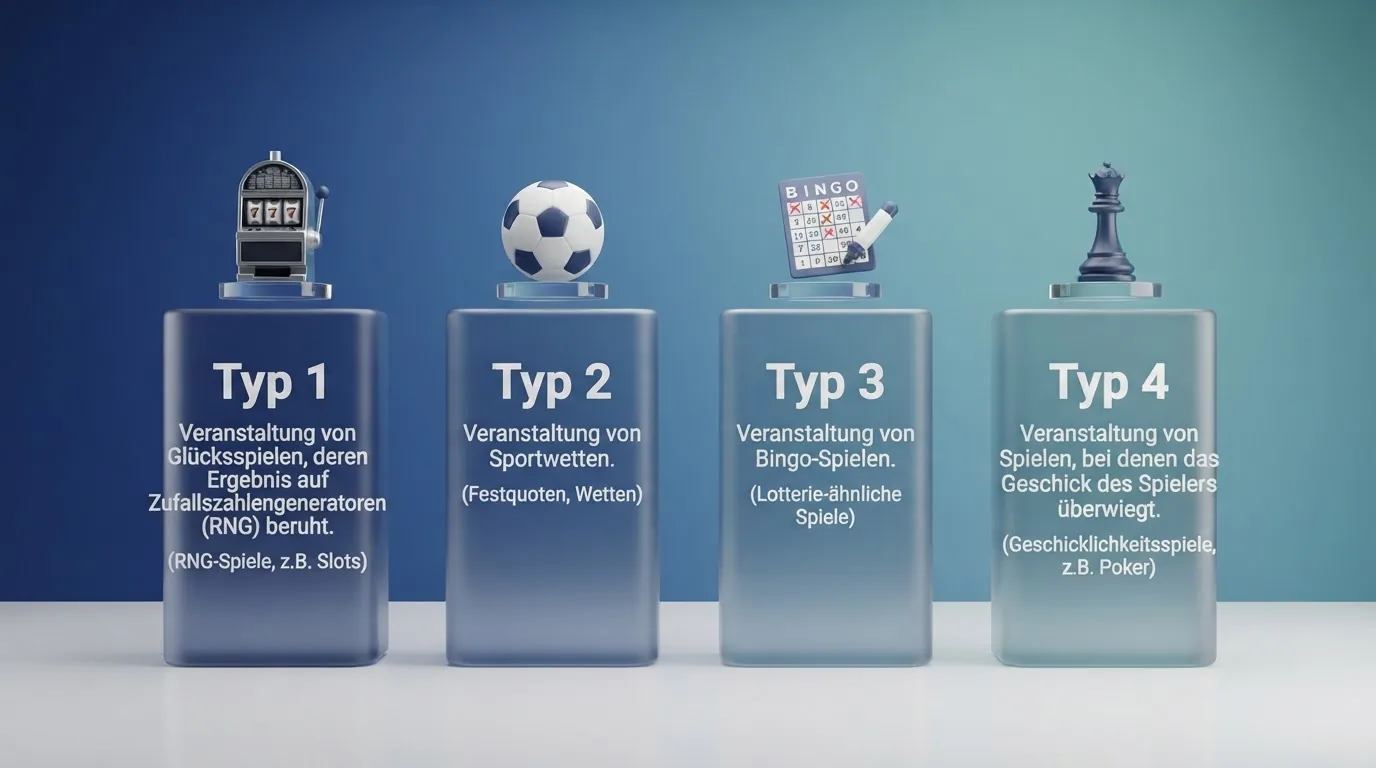 Grafische Darstellung der vier MGA-Lizenztypen mit ihren Spielkategorien (Typ 1: Slots/Roulette/Blackjack, Typ 2: Sportwetten, Typ 3: Bingo, Typ 4: Geschicklichkeitsspiele)