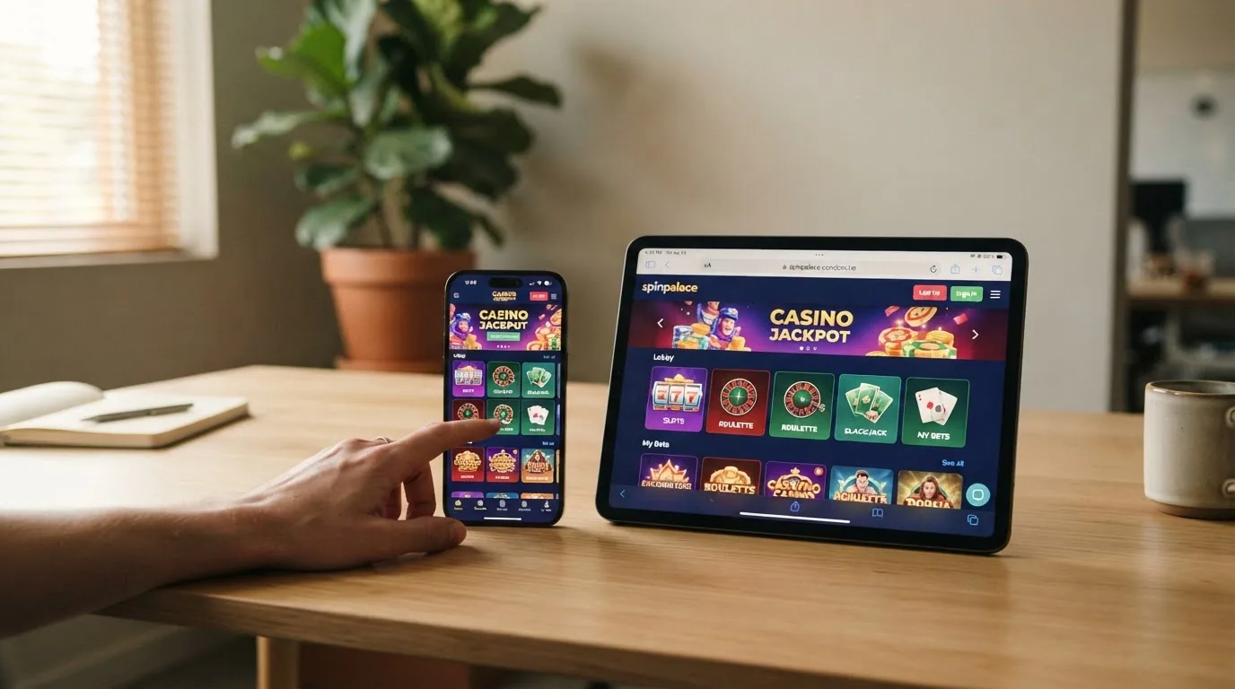 Smartphone mit Casino-App neben einem Tablet mit geöffnetem Browser-Casino