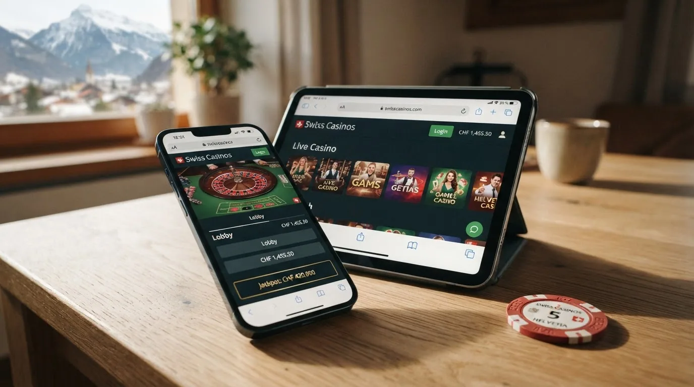 Ein Schweizer Online-Casino auf dem Smartphone-Display, daneben ein Tablet mit geöffneter Casino-App