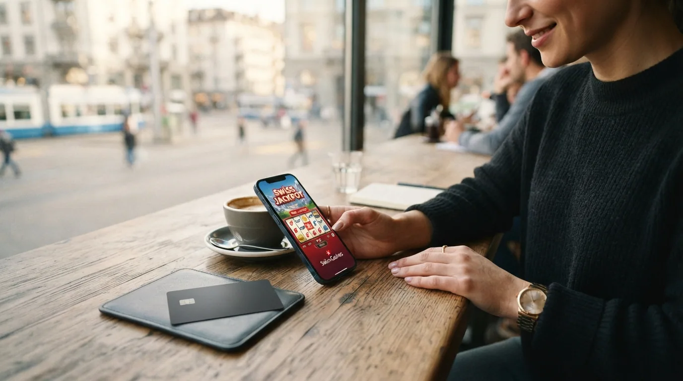 Ein Smartphone mit einer Casino-App-Oberfläche und einem danebenliegenden Schweizer Ausweis als Symbol für die KYC-Verifizierung