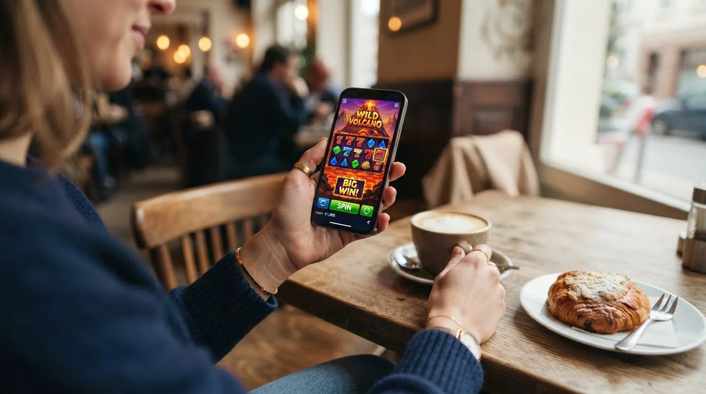 Smartphone in der Hand mit geöffneter Casino-Oberfläche und einem laufenden Slot-Spiel auf dem Display